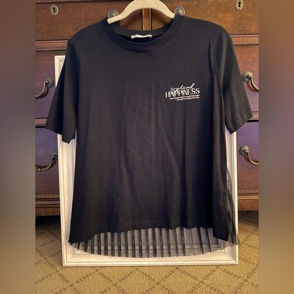 Zara black short sleeve T-shirt w chiffon pleated back and text on front NWOT S - Picture 1 of 12
